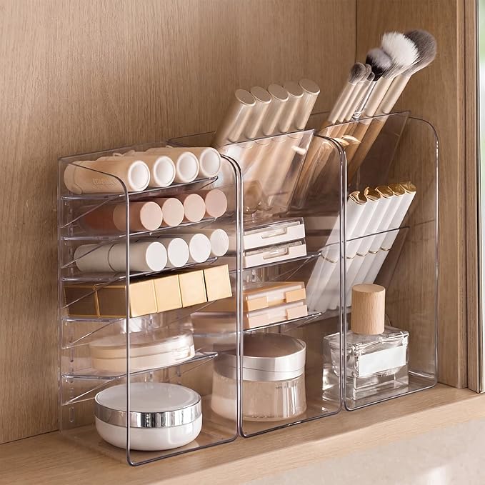 PAVSTINE 3-Pack Medicine Cabinet Organizer, Clear Open Storage Compartment with Adjustable Dividers, for Lip Oil/Lip Pencil/Eye Shadow Palette/Foundation Storage by PAVSTINE
