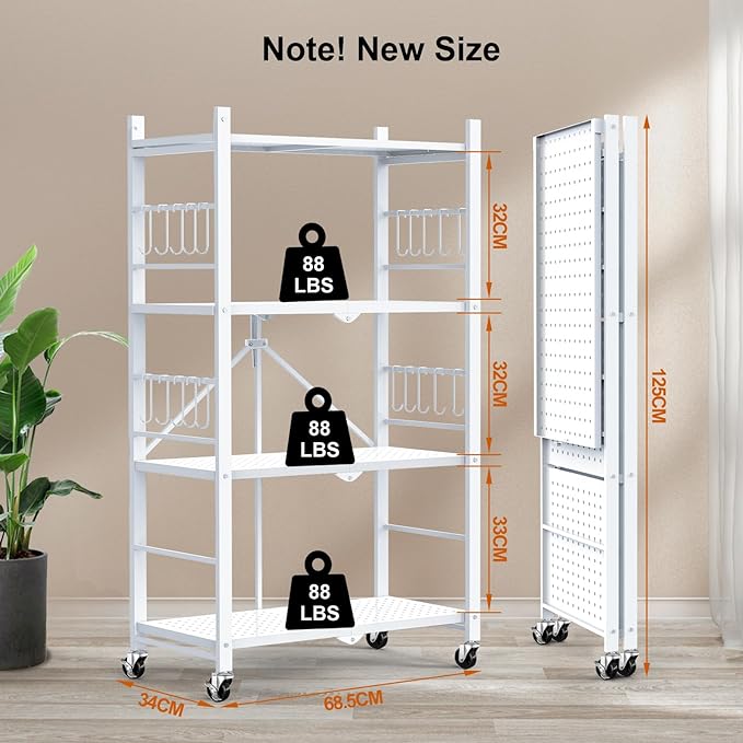 Himix 4-Tier Foldable Metal Storage Shelf with Wheels Kitchen White | Metal collapsible organization, Folding shelves rack, Wire shelving, Garage, Unit rolling cart, No assembly, Holds 352 Ibs - Image 3