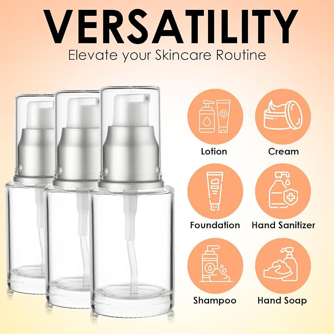 1 Oz 30ml Refillable Luxury Clear Glass Lotion Travel Pump Bottle with Silver Cap for Cosmetics, Lotion, Body Cream, Sanitizers, Cream, Foundation (Pack of 3) | Luxury, Lotion, Serum, Foundation, Body Cream, Sanitizer, Cosmetics, Travel - Image 3