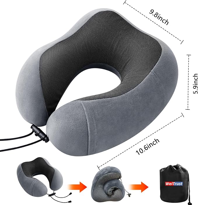 Airplane Pillow, Travel Neck Pillow with Memory Foam - Adjustable Buckle & Machine Washable Cover for Neck Support, Includes Eye Mask & Ear Plugs (Grey) - Image 7