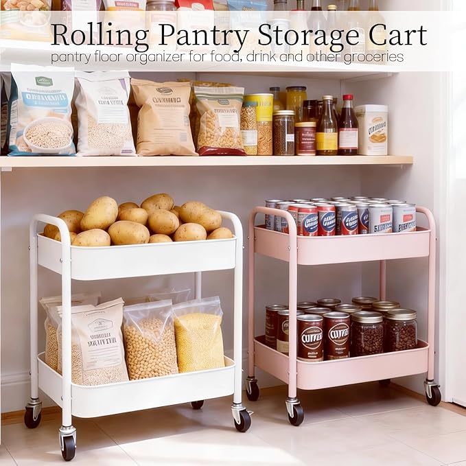 Pink 2 Tier Rolling Cart Metal with Wheels Under Desk Storage Cart for Small Space Organization, Small Trolley for Pantry Room Laundry Bathroom Kitchen Office Art Snack Baby Supplies - Image 4