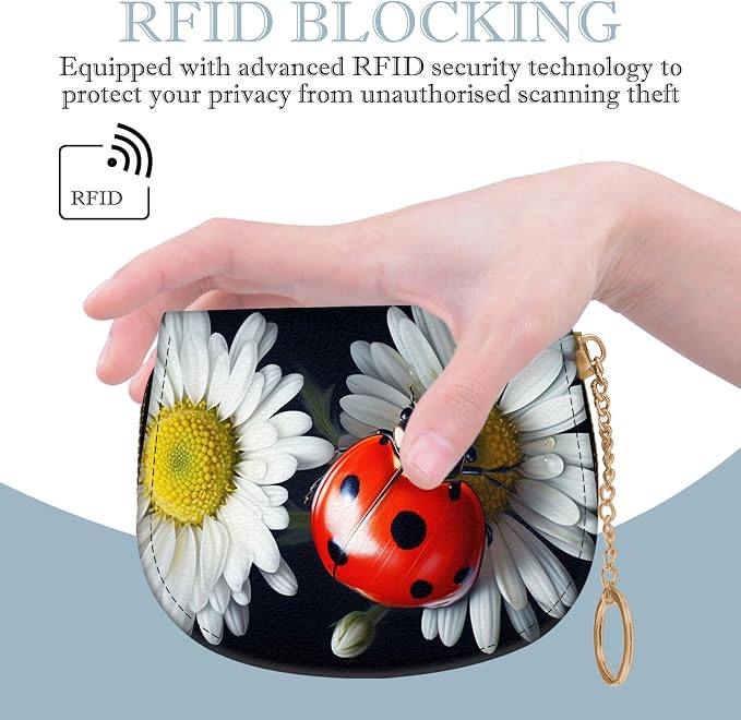 Women's Slim RFID Wallet – Compact Leather Card Holder Wallet for Women, 9 Card Slots RFID Blocking Credit Card Organizer, Small Travel Wallet - Ladybug on Daisy Flower - Image 5