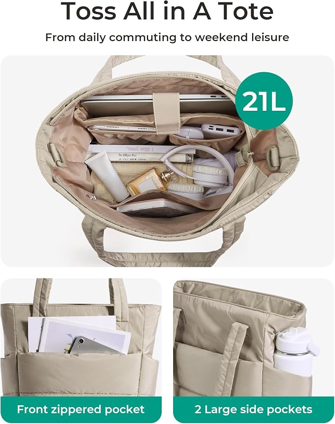 BAGSMART Tote Bag for Women, Lightweight Puffy Tote Bag with Compartments Shoulder Bag Handbag for Travel, Work, Gym | Lightweight - Image 5