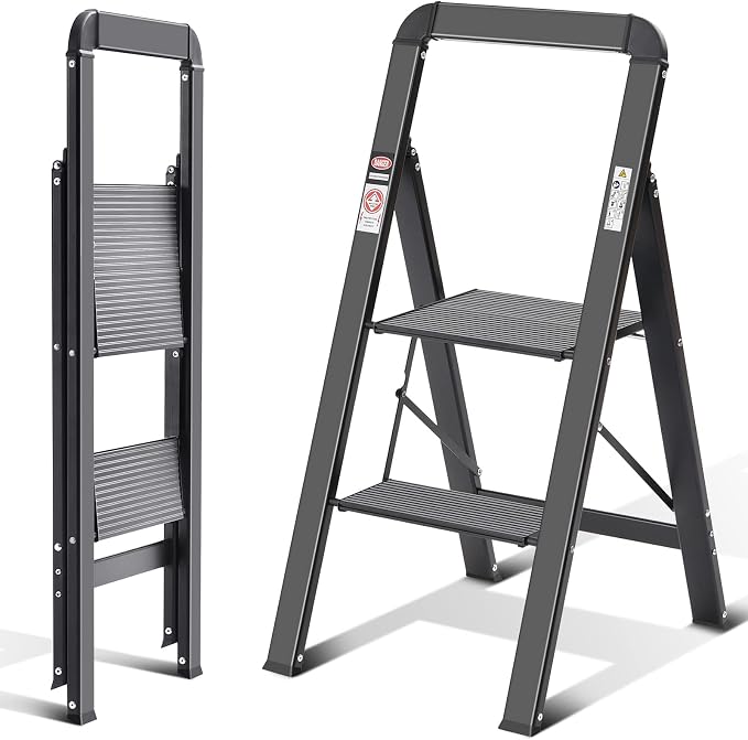 KINGRACK Aluminium 2 Step Ladder, Lightweight Step Stool with Non-Slip Pedals, Handrail, 330LBS Foldable Step Ladder for Kitchen, Garage, Home, Space Saving, Sturdy and Portable, Black - Image 8