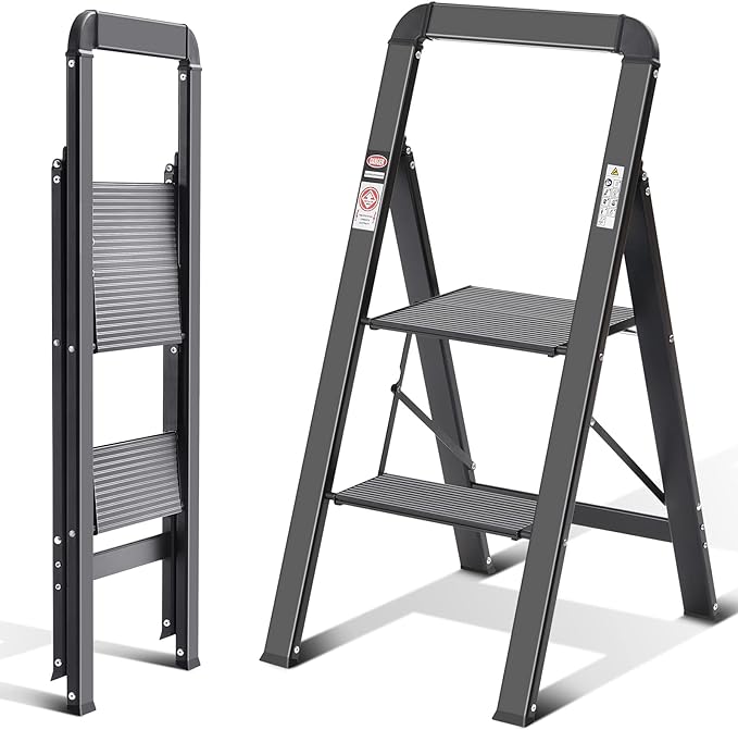 KINGRACK Aluminium 2 Step Ladder, Lightweight Step Stool with Non-Slip Pedals, Handrail, 330LBS Foldable Step Ladder for Kitchen, Garage, Home, Space Saving, Sturdy and Portable, Black by KINGRACK