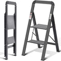 KINGRACK Aluminium 2 Step Ladder, Lightweight Step Stool with Non-Slip Pedals, Handrail, 330LBS Foldable Step Ladder for Kitchen, Garage, Home, Space Saving, Sturdy and Portable, Black by KINGRACK