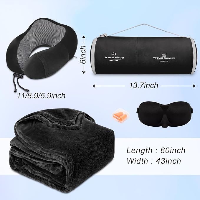 urnexttour Travel Pillow and Blanket Set Neck Pillow Airplane Foam Black | 43x60 Inch Plane Blanket, Traveling Compact Storage Bag, Eye Mask, and Earplugs for Ultimate Flight Comfort, Women and Men - Image 5