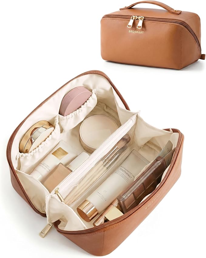 BAGSMART Makeup Bag Travel Cosmetic Bag,Women Toiletry Case, Classic Brown | Make Up Bag Flat Open Toiletry Bag for Women, PU Leather Travel Essentials Wide-open Skincare,Brushes Organizer Case Large by BAGSMART