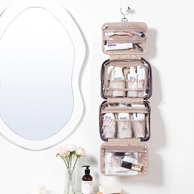 NISHEL Travel Toiletry Bag for women, Portable Hanging makeup Organizer | for Travel-Sized Shampoo, Conditioner, Brushes Set, makeup Accessories, Medium Size, Purple - Image 2