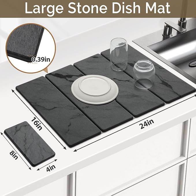 Large Stone Dish Drying Mat for Kitchen Counter, 2 PCS Quick Dry Stone Mats, Foldable Water Absorbing Diatomaceous Earth Drying Dishes Pad for Countertop Bottles Utensils Cup(Dark gray 24"x16"&8"x4") - Image 4