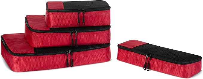 Amazon Essentials 4-Piece Packing Cubes Travel Accessories Set, Luggage Organizer, Double Zipper, Mesh Top, Space-Saving Suitcase Organizer, Small/Medium/Large/Slim, Red (Previously Amazon Basics) by AmazonEssentials