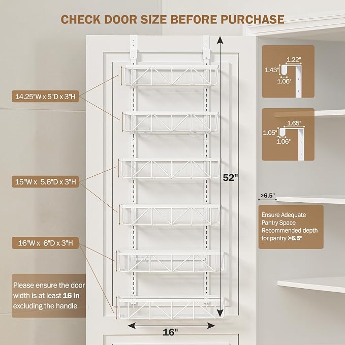 Delamu Adjustable Over the Door Pantry Organizer, 6-Tier Metal Pantry Organization and Storage for Kitchen, Hanging Spice Rack Seasoning Shelves, Cabinet Door Organizer for Easy Install, 16" - Image 2