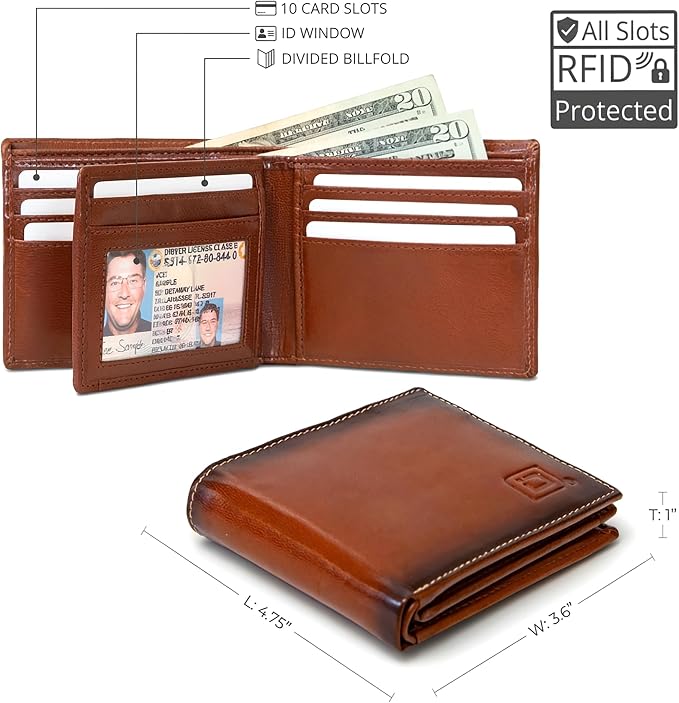 ID Stronghold Extra Capacity Bifold Wallet for Men - RFID Blocking Genuine Leather Wallet (Antiqued Brown) - Image 2