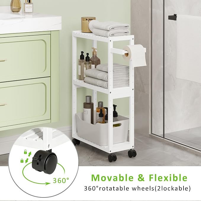 RRX Bamboo Rolling Cart, Slim 3-Tier Standing Shelf Units on Wheels(White) | Bamboo Shelves Utility, Storage Corner Shelf Cabinet for Narrow Space, Toilet Paper Organizer for Bathroom, Kitchen - Image 7