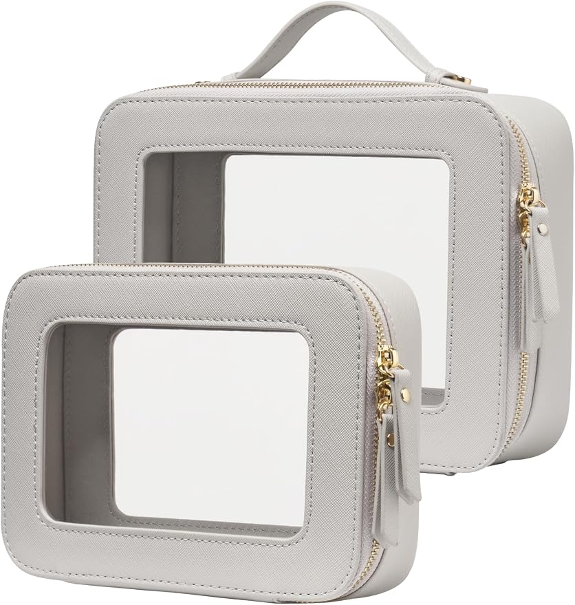 Clear Makeup Case Set Toiletry Bag Travel Large Clear Cosmetic Bag with Zipper, Big Make Up Bag Organizer Women Traveling TSA Approved Transparent Bag Car for Essentials, Beige Grey by POPVIBE
