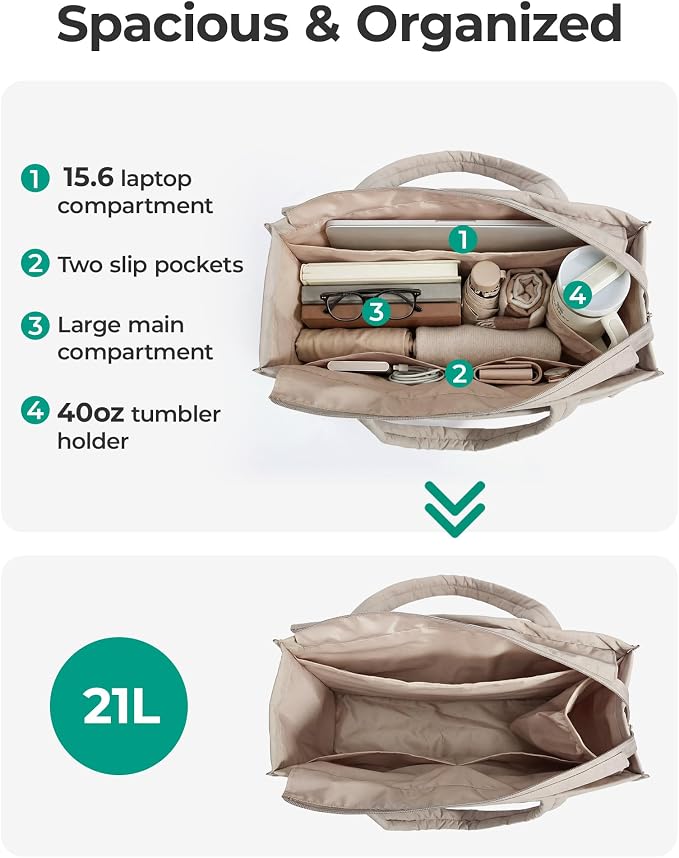 BAGSMART Tote Bag for Women, Puffy Work Tote Bag with Zipper, Quilted Large Teacher Bag for Work, Travel - Image 5
