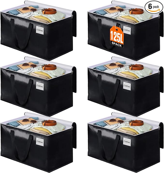 Heavy Duty Moving Bags, Extra Large Storage Bags, 125L, 6-Pack, Black | Foldable, with Zippers, Tag Pocket & Handles, Reusable, Space-saving, Water-Resistant, for moving & storage, Versatile Use by BlissTotes