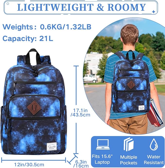 VASCHY Travel Backpack for Teen Boys, Bookbag Schoolbag Casual Daypack for High School/College/Women/Travel/Work Blue Galaxy - Image 2