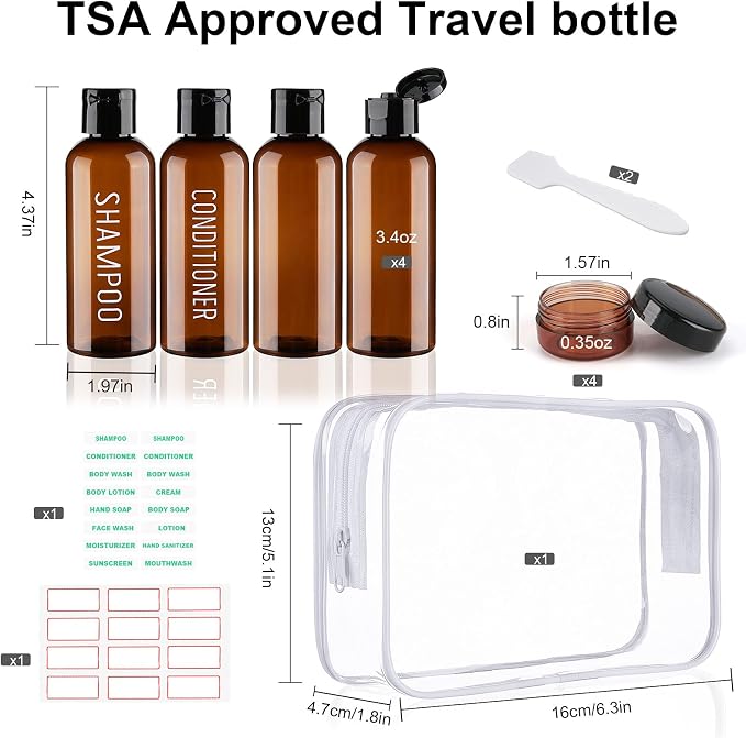 Travel Bottles for Toiletries 8 Pack Brown Pre-print Bottles | 3.4oz TSA Approved, Leak Proof, 0.35oz Small Cream Jars, For Shampoo Conditioner Body Wash - Image 2