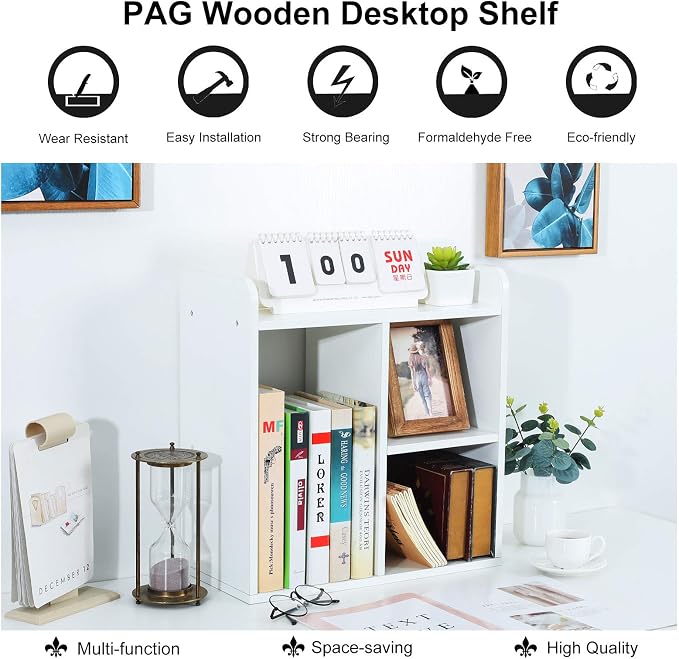 Desktop Shelf Freestanding Wood Small Bookshelf Desk Supplies Organizers and Accessories Storage Display Rack Office Decor for Women, White - Image 5