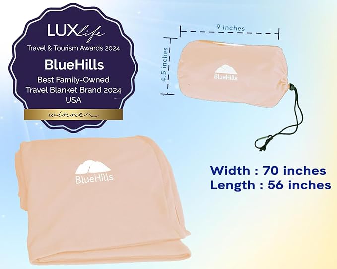 BlueHills Ultra Compact Travel Blanket Premium Plane Pillow Airplane Beige | Soft Airplane Throw, Compact in a Bag 70 X 48 inches Long, Portable & Lightweight, Traveling Essential Gift, Luggage Strap - Image 5