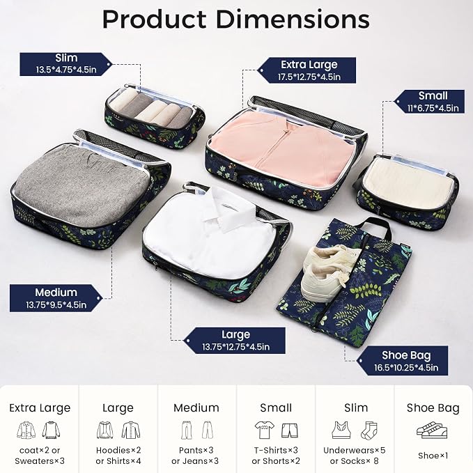 BAGAIL 4 Set/6 Set/8 Set Compression Packing Cubes Travel Accessories Expandable Packing Organizers (Half Mesh, 6-Navy Leaf) - Image 2