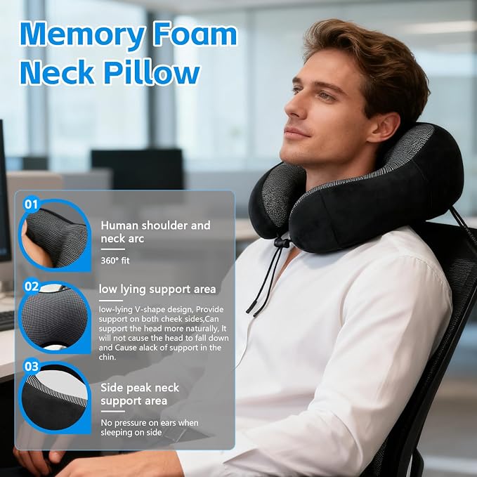 Airplane Pillow, Travel Neck Pillow with Memory Foam - Adjustable Buckle & Machine Washable Cover for Flights, Car, Office - Includes Eye Mask & Ear Plugs(Black) - Image 2