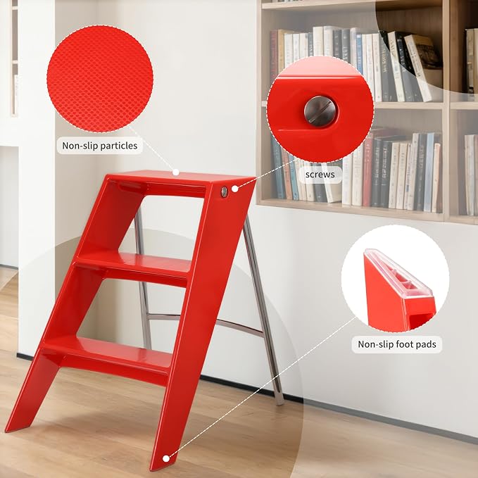 HOTEAGLE Modern Folding Chair - Multifunctional Design Doubles as Step Stool & Storage Shelf, Sturdy Engineering Plastic for Kitchen, Dining & Bistro,Red - Image 6