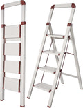 Step Ladder 4-Step White Finish Aluminum Iron Folding Ladders | Anti-slip Sturdy Foldable Ladder Step Stool for Kitchen Home Office Libaray by BIBKOKE