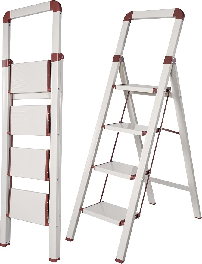 Step Ladder 4-Step White Finish Aluminum Iron Folding Ladders | Anti-slip Sturdy Foldable Ladder Step Stool for Kitchen Home Office Libaray by BIBKOKE