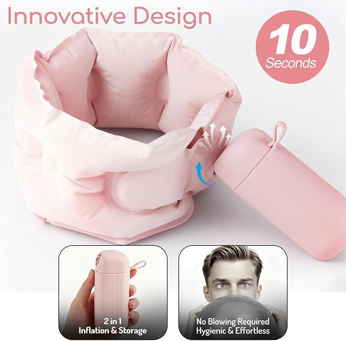 Inflatable Travel Neck Pillow, U-Shape, Dark Gray Nylon, Portable for Airplane, Train, Car, Office Use, Adult Size (Pink) - Image 3