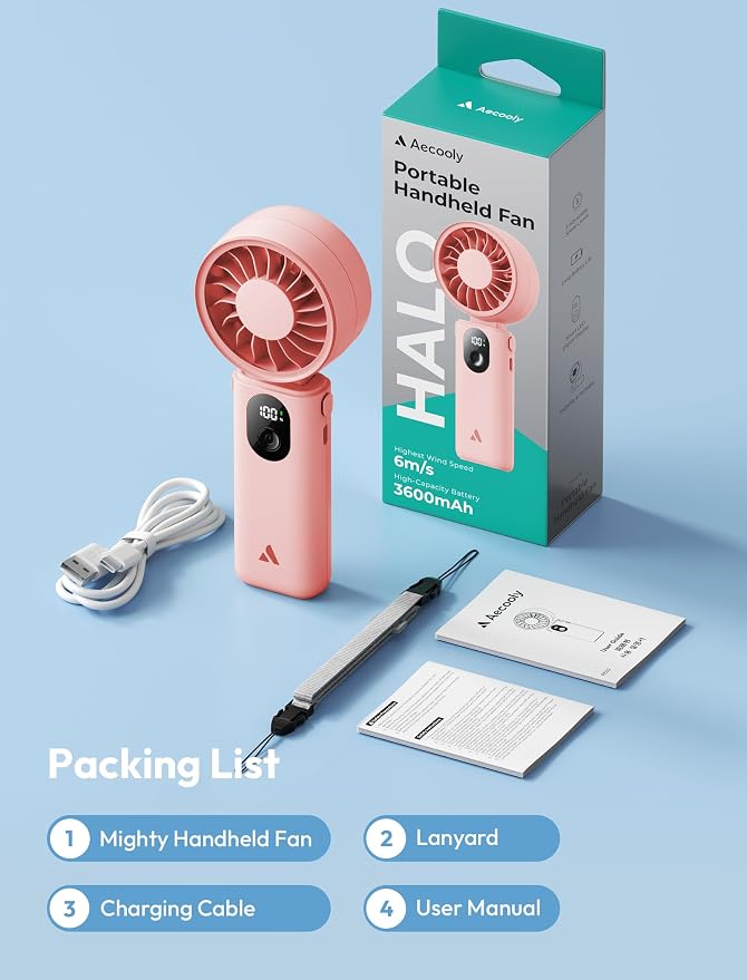 Aecooly Mighty Portable Handheld Fan | 20H Max Cooling | 3 Flexible Modes | 5 Speeds Wind | Battery Level Display | USB Rechargeable Mini Personal Battery Powered, Gifts for Women, Travel -Pink - Image 9