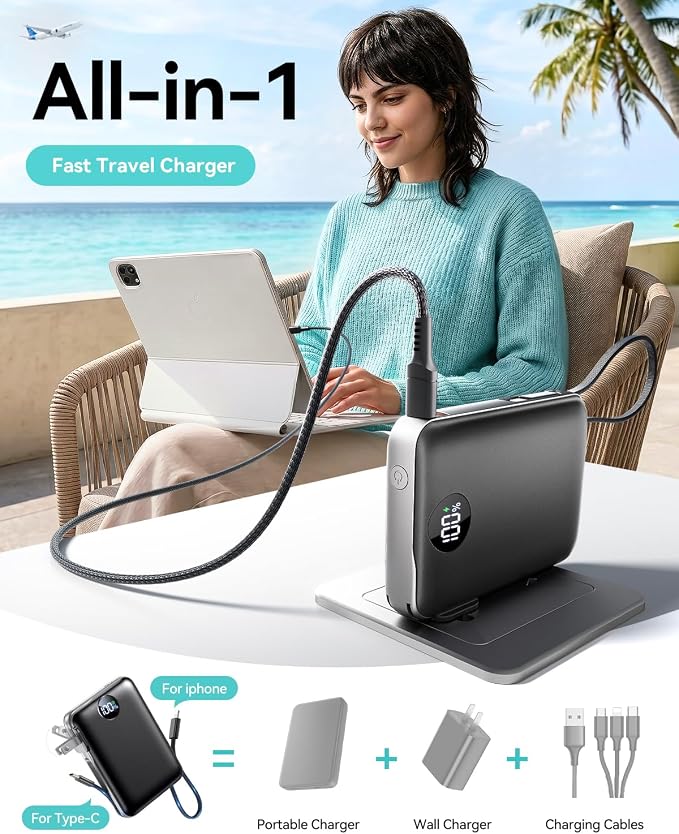 Portable Charger Power Bank 10000mAh, 45% Smaller Built-in Cables & AC Plug | Built-in Cables & AC Plug, 22.5W Fast Charging, 4-Device Charging, Travel Essential, for iPhone, iPad & Samsung Galaxy, Black - Image 3