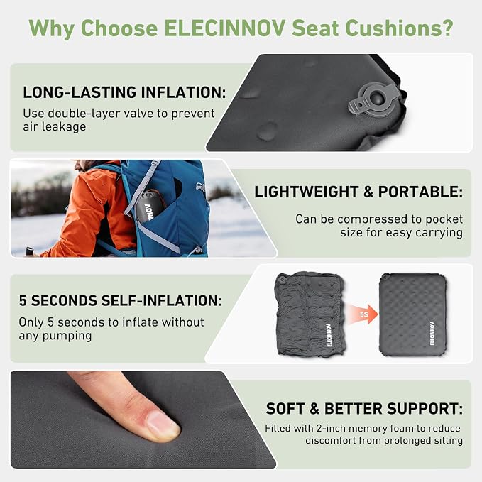 Inflatable Seat Cushion, Self Inflating Compact Stadium Seat Cushion | Airplane Bleacher Seat Cushion Comfortable & Portable Blow-Up High Density Foam Pad for Travel Outdoors Camping (Grey) - Image 3