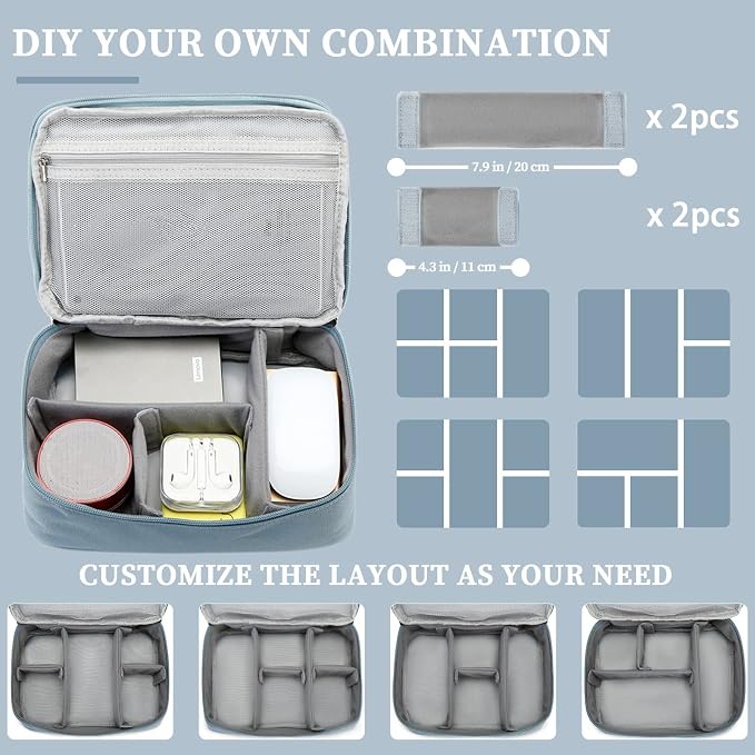 Lanola Custom Personalized Travel Cable Organizer Bag, Electronic Accessories Case Portable Double Layer Cable Storage Bag with DIY Dividers & Custom Photo Text - Light blue - Image 7