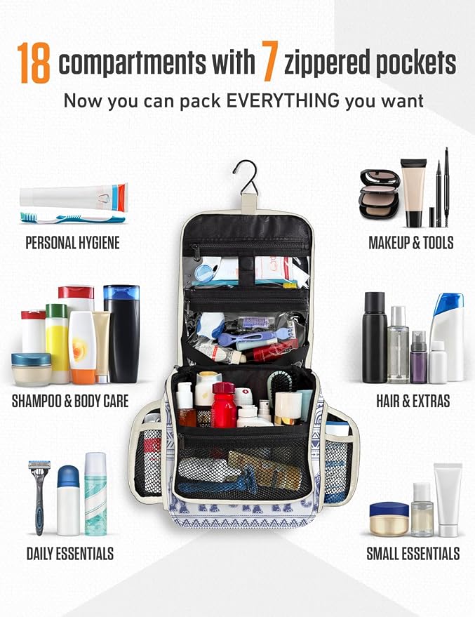 VENTURE 4TH Hanging Travel Toiletry Bag, 17 Compartments - Blue Elephant | Hangs on rails, hooks or doors; stands upright too. Removable TSA pouch. Water-resistant 900D Nylon, reinforced stitching. - Image 3