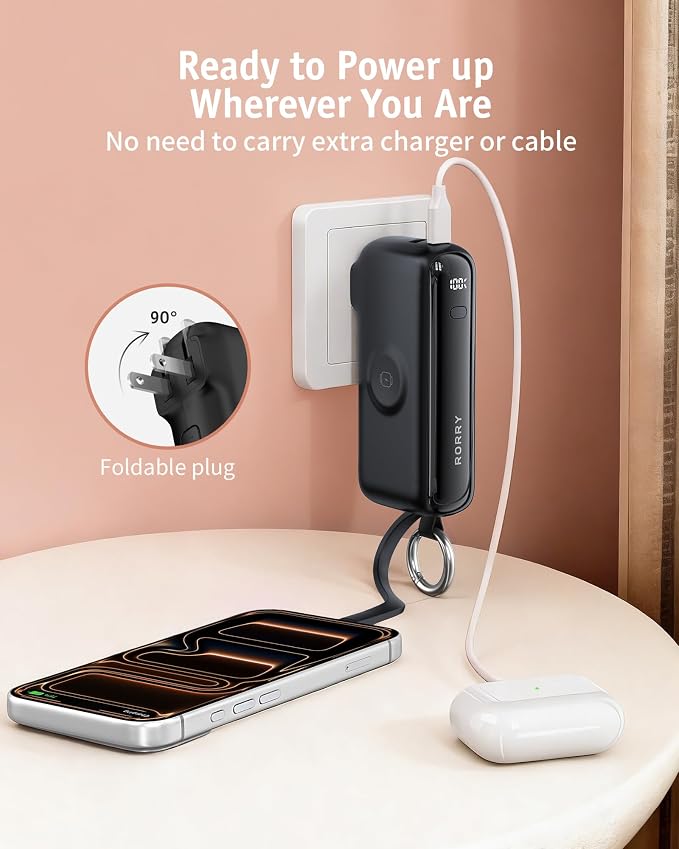 RORRY Flow Portable Charger 10000mAh 40W Wall Plug Power Bank Battery Pack | Built-in USB-C Cable, Keychain Design, Fast Charging, for iPhone 17/16/15, Apple Watch, iPad, 3-in-1, Travel Essential - Image 6