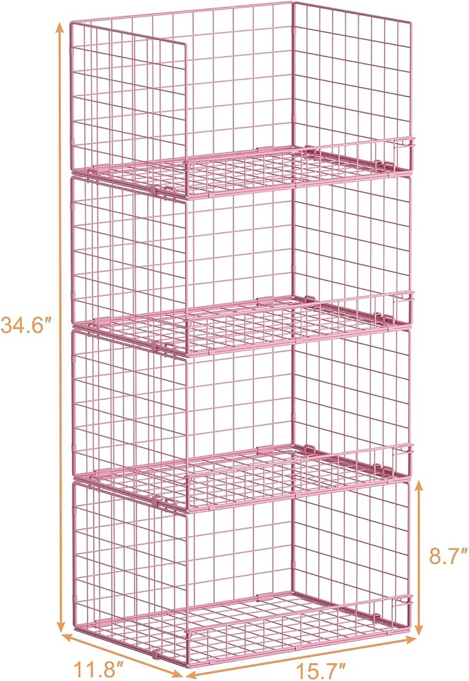 4-Tier Closet Organizers and Storage, Stackable Closet Organizer Basket, Foldable Closet Shelf Organizer Basket, Stackable Storage Bins and Organizer Shelves for Home Closet Organizer System, Pink - Image 7