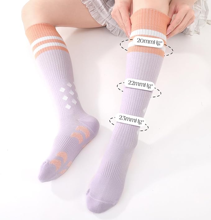 4/6 Pairs Compression Socks for Women 20-30mmHg Knee High Socks | Breathable Comfort Support Socks, Thick Cotton Fabric, Striped Ribbed Design, Fatigue Relief, For Nurses Flying Pregnancy - Image 4