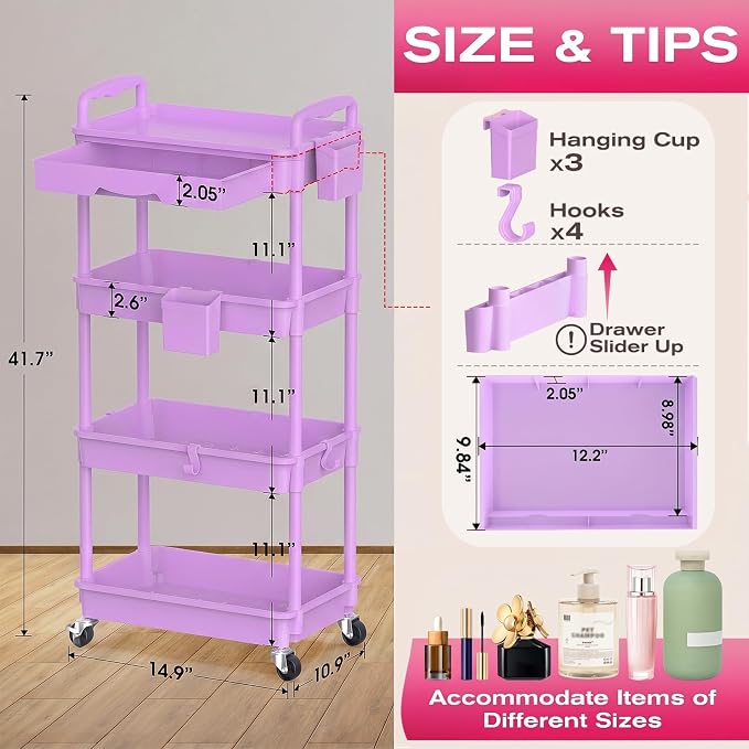 Goovilla Rolling Makeup Organizer Cart with Removable Drawer, 4 Tier Purple | Stable Floor Skincare Storage Cart for Vanity, Cosmetic Display, Nail Polish, Perfume, Hair Stuff, Beauty, Bathroom(Plastic) - Image 2