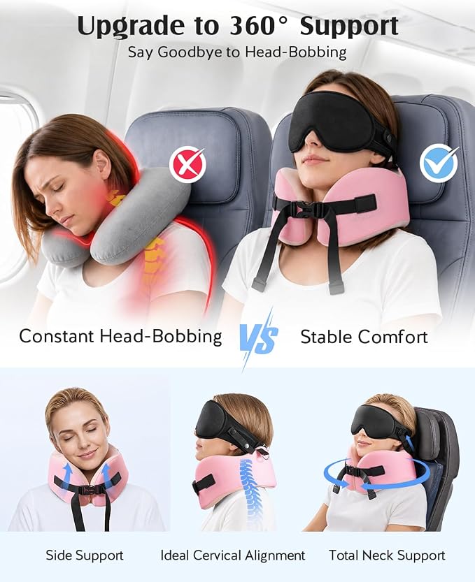 YFONG Travel Pillow with 3D Sleep Mask for Long Flights Airplane, Pink | Patented 360° Ergonomic Sleeper Hold Head Support System, Memory Foam Neck Pillow, Prevents Head Bobbing, Adjustable Strap - Image 5