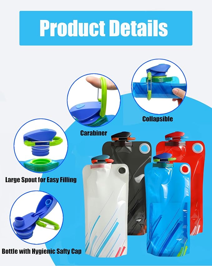 4 Pack Collapsible Water Bottle with Carabiner, 33oz Foldable Reusable BPA-Free Water Bottles with Leakproof Lid for Traveling Hiking Camping Biking - Image 2