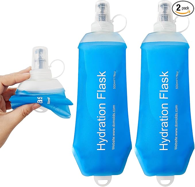 2 Pack 500ml Soft Flask, Shrink As You Drink Collapsible Water Bottles for Running Vest & Hydration Pack, BPA-Free Leak-Proof TPU Folding Bottle for Hiking Cycling Climbing Jogging-Blue by TACVEL