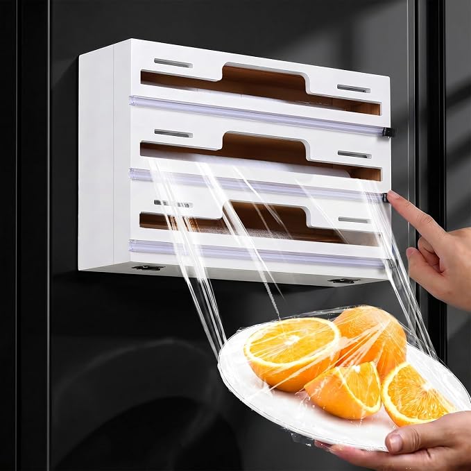 Allinside Magnetic Plastic Wrap Dispenser with Cutter, 3 in 1 Refrigerator Bamboo Wood Organizer for Tin Foil, Baking, Wax Paper Holder Kitchen Storage Box Compatible with 12.9" Roll, White (3 Layer) by Allinside