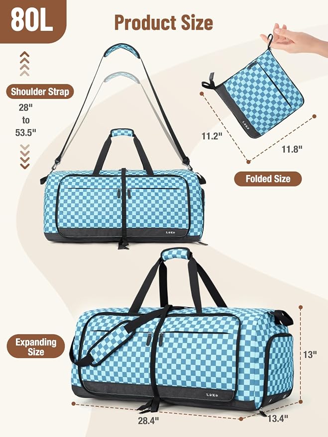Lekesky Foldable Travel Duffle Bag for Women, Large Duffel Bag with Separate Shoes Compartments & Straps, Carry On Weekend Bag for Women, Hospital, Overnight (Green Gingham, 80L) - Image 3