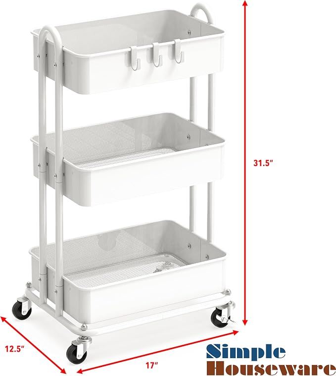Simple Houseware 3-Tier Heavy Duty Metal Utility Rolling Cart, White - Image 2