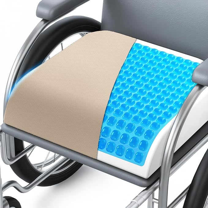 Wheelchair Seat Cushion for Pressure Relief, Cooling Gel Memory Foam Chair Cushion with Slope-Edge Design, Coccyx Support for Tailbone Pain, Non-Slip, for Wheelchairs, Office Chairs & Car Seats, Khaki by Unknown
