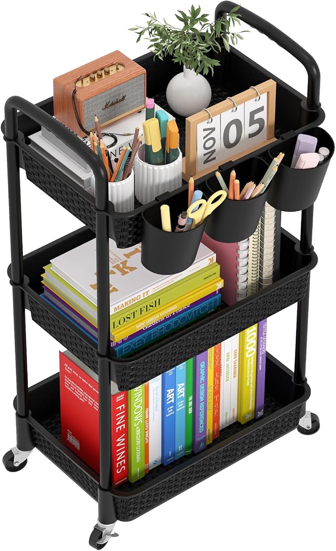 MOYIPIN 3-Tier Plastic Rolling Utility Cart with Handle,Utility Storage Cart for Office, Living Room, Kitchen,Movable Storage Organizer Shelves,Black with 3 Hanging Cups by MOYIPIN