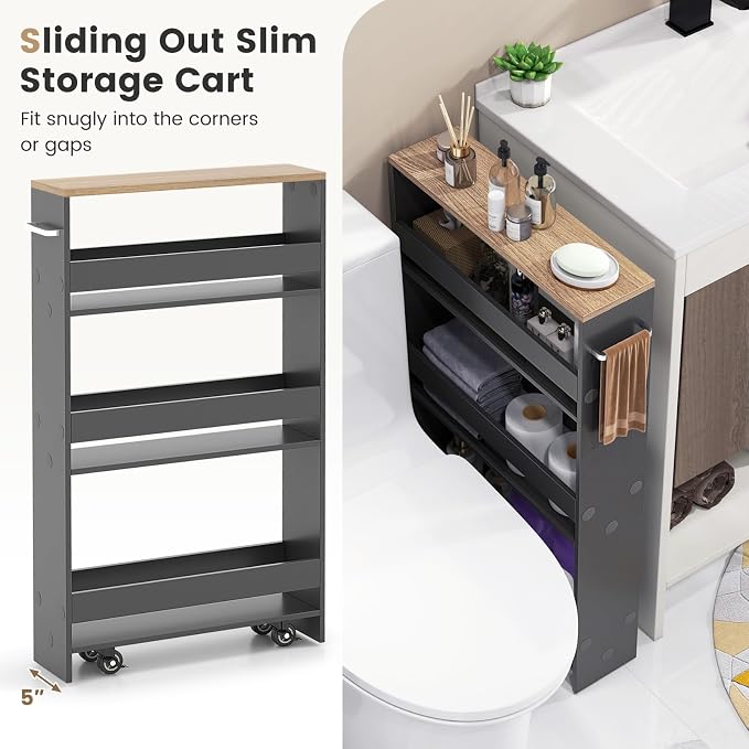 COSTWAY Slim Rolling Storage Cart, 4-Tier Rolling Utility Cart, Wood Kitchen Storage Cart with Handle & Wheels, Narrow Rolling Shelving Unit for Kitchen Bathroom Laundry Small Places (Grey) - Image 6