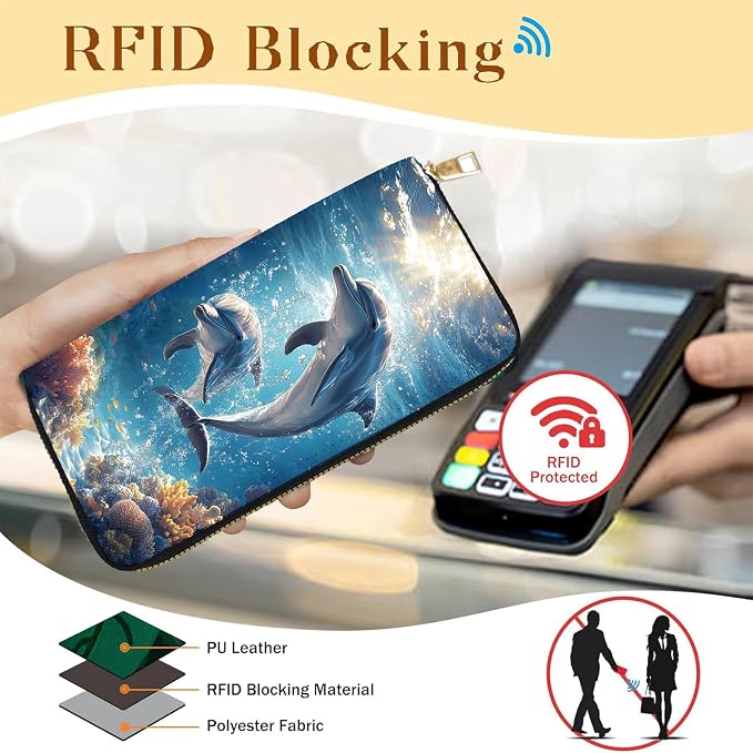Women's RFID Blocking PU Leather Zip-Around Wallet, Large Capacity Clutch with Phone Holder, Travel Purse & Card Organizer with Removable Wristlet,Cute Dolphins - Image 2